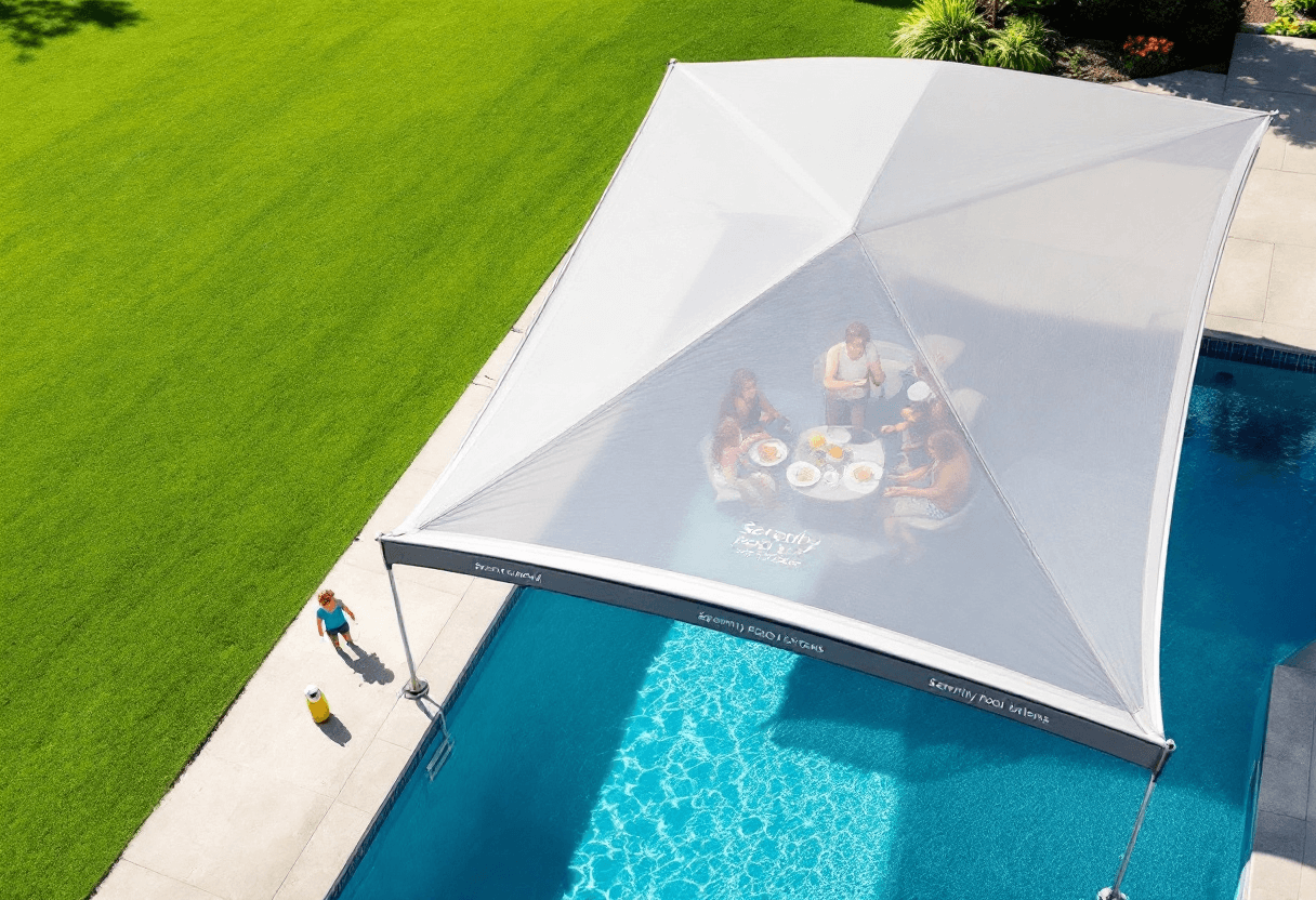 Vue aérienne d'une tente de piscine discrète intégrée à une résidence de luxe.