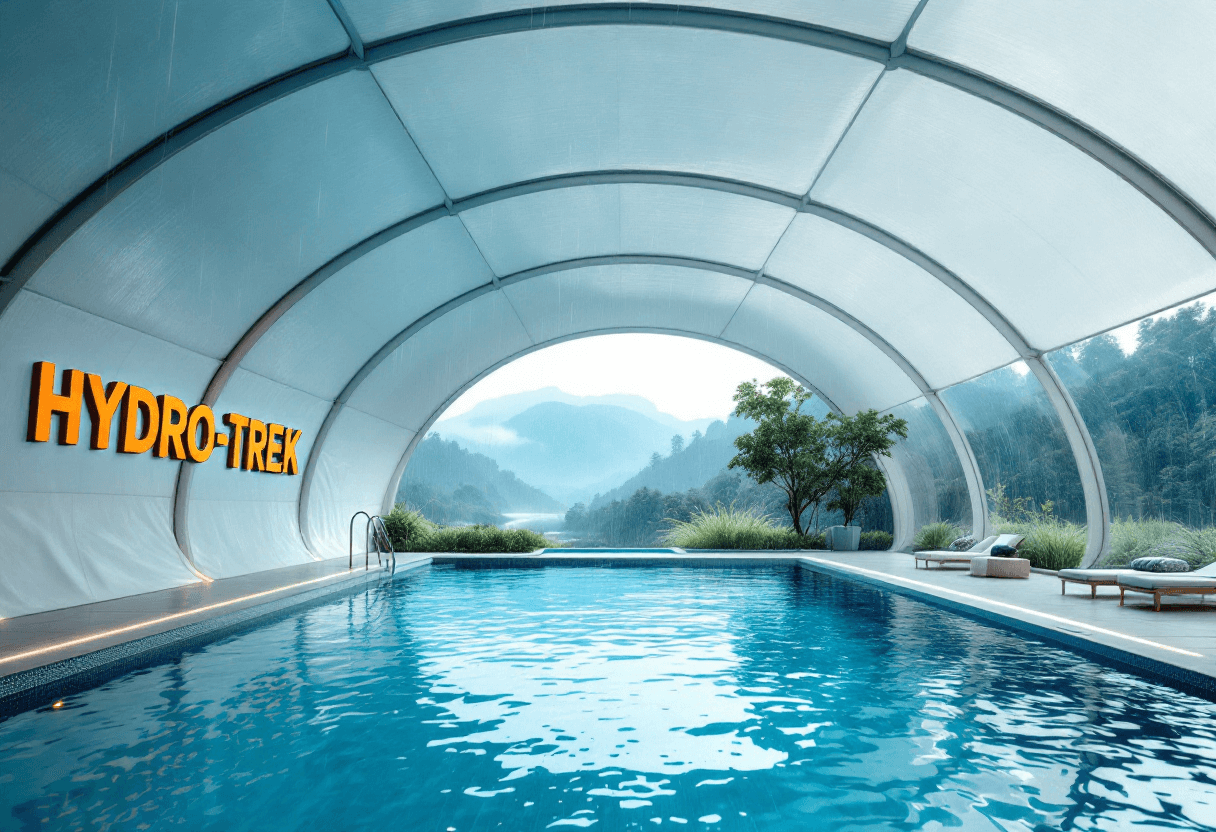 Vue intérieure dramatique d'un abri de piscine arqué sous une pluie légère